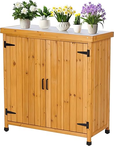 Miniatura 16 de Banco para macetas al aire libre con parte superior de trabajo de metal, gabinete de almacenamiento de jardín impermeable, estación de herramientas