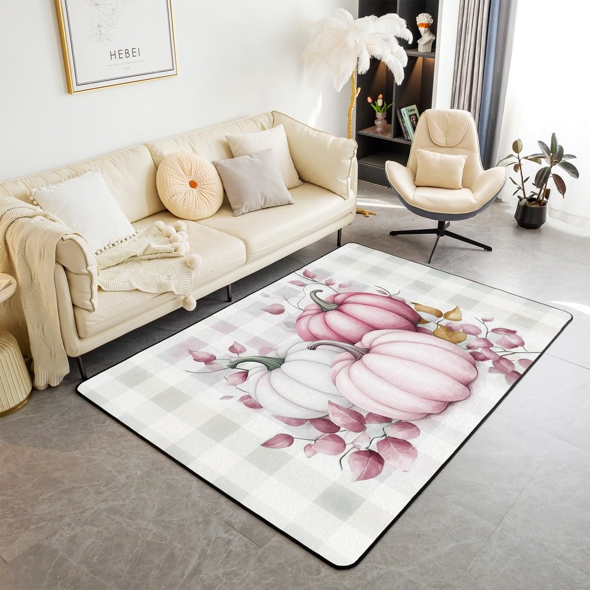Homewish Jesienna dynia dywanik 100 x 150 cm Święto Dziękczynienia dywany do salonu jesień bawół krata dekoracyjny dywan różowe liście wewnętrzna mata podłogowa