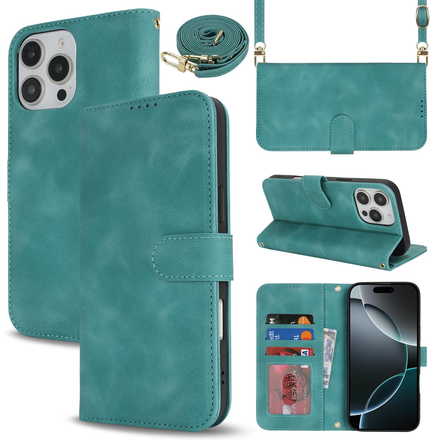 Jaorty Phone Case for iPhone 16 Pro with Card Holder,Wallet Case for iPhone 16 Pro with Crossbody Shoulder Strap for Women,Magnetic Anti-Fingerprints Cover Purse,6.3 Inch,Mint Green