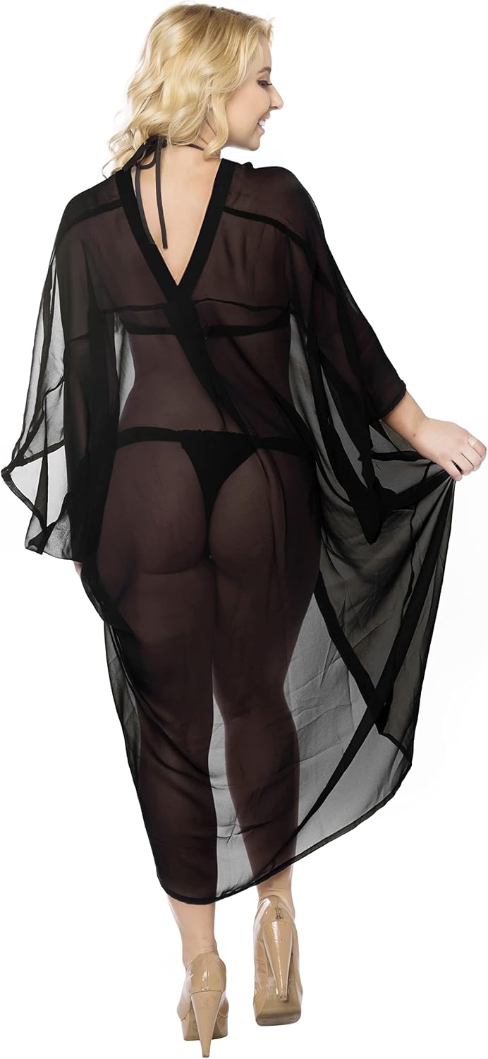 LA LEELA Women's Beach Solid Sheer Button Down Kimono Bathing suit Cover up Casual Summer Duster Cardigan Kimonos for Women