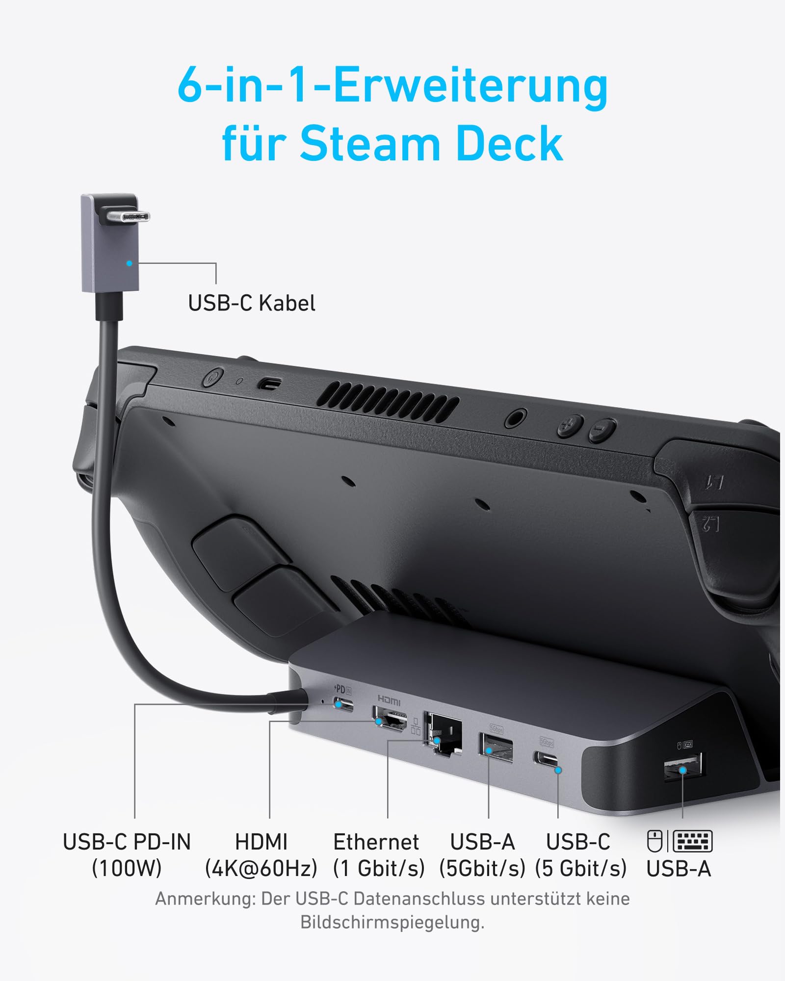 Anker Docking Station für Steam Deck/ROG Ally, 6-in-1 Steam Deck Dock, USB-C-Hub mit HDMI 4K@60Hz, 1 Gbit/s Ethernet, 2 USB-A & 1 USB-C-Anschlüsse, 90W Schnellladung für Steam Deck, ROG Ally, & mehr
