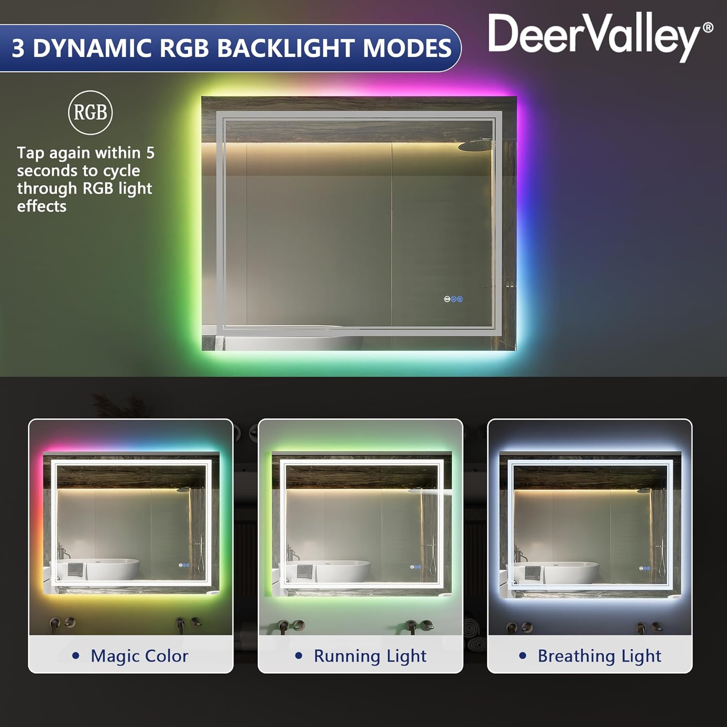 DeerValley LED Bathroom Mirror, 40" x 32" RGB Front and Backlit Wall Mounted Bathroom Vanity Mirror, Anti-Fog, 3 Colors Dimmable, Shatterproof, Tempered Glass, Memory Function (Horizontal/Vertical)
