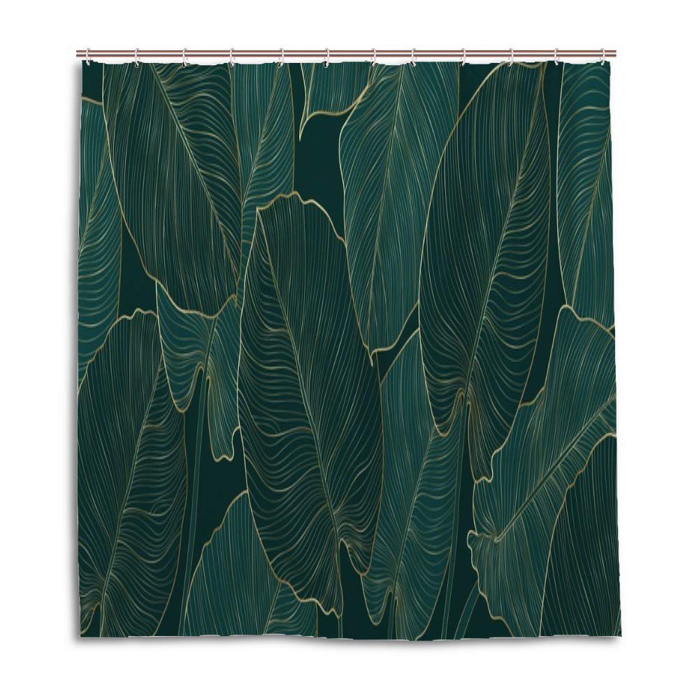 Rideau de douche feuilles vertes 168x183 avec crochets pour salle de bain nature