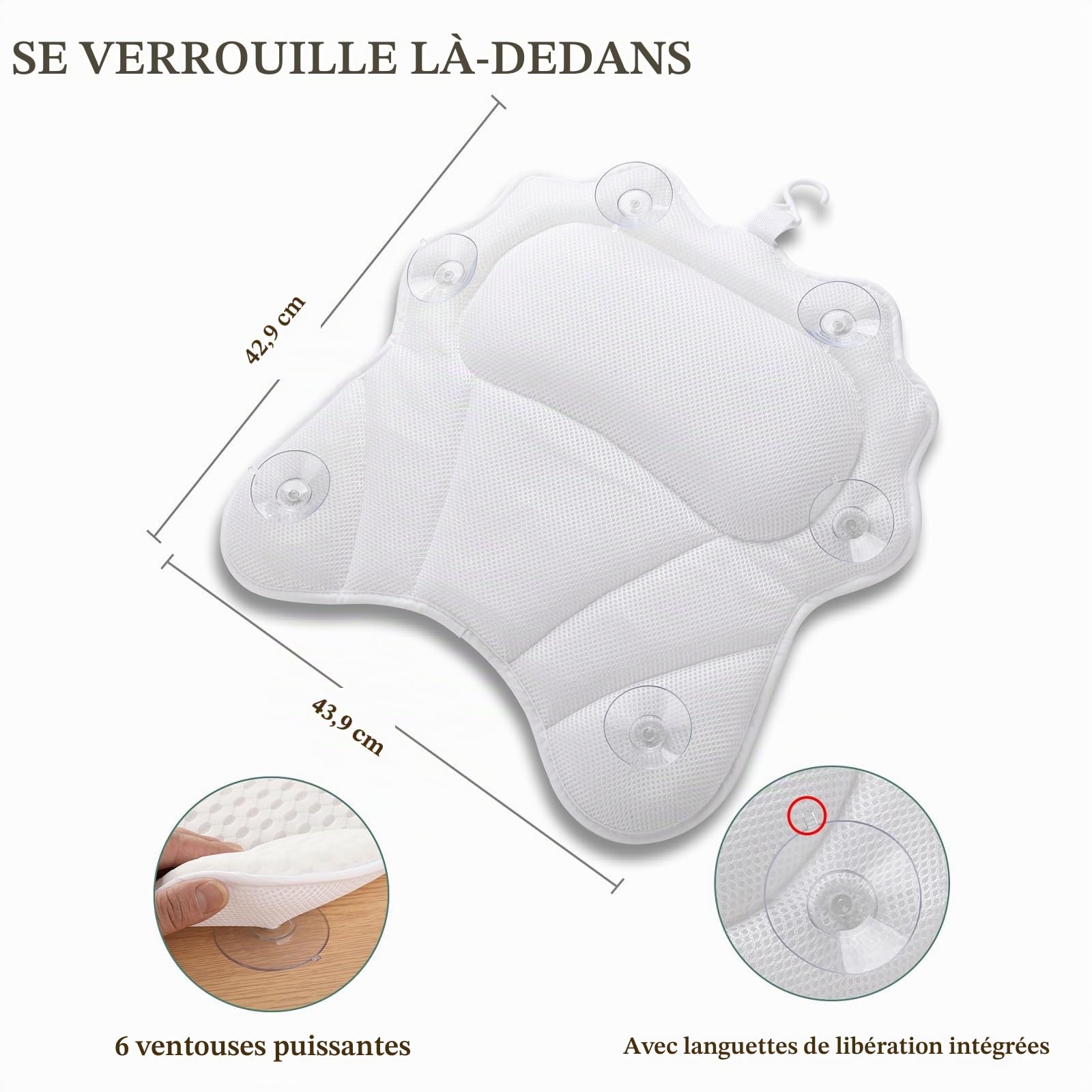Ruvince - Oreiller de Bain Ergonomique de Luxe avec Soutien de la tête, du Cou, des épaules et du Dos - 4D - pour Baignoire - avec 6 ventouses puissantes, s'adapte à Toutes Les baignoires, spas