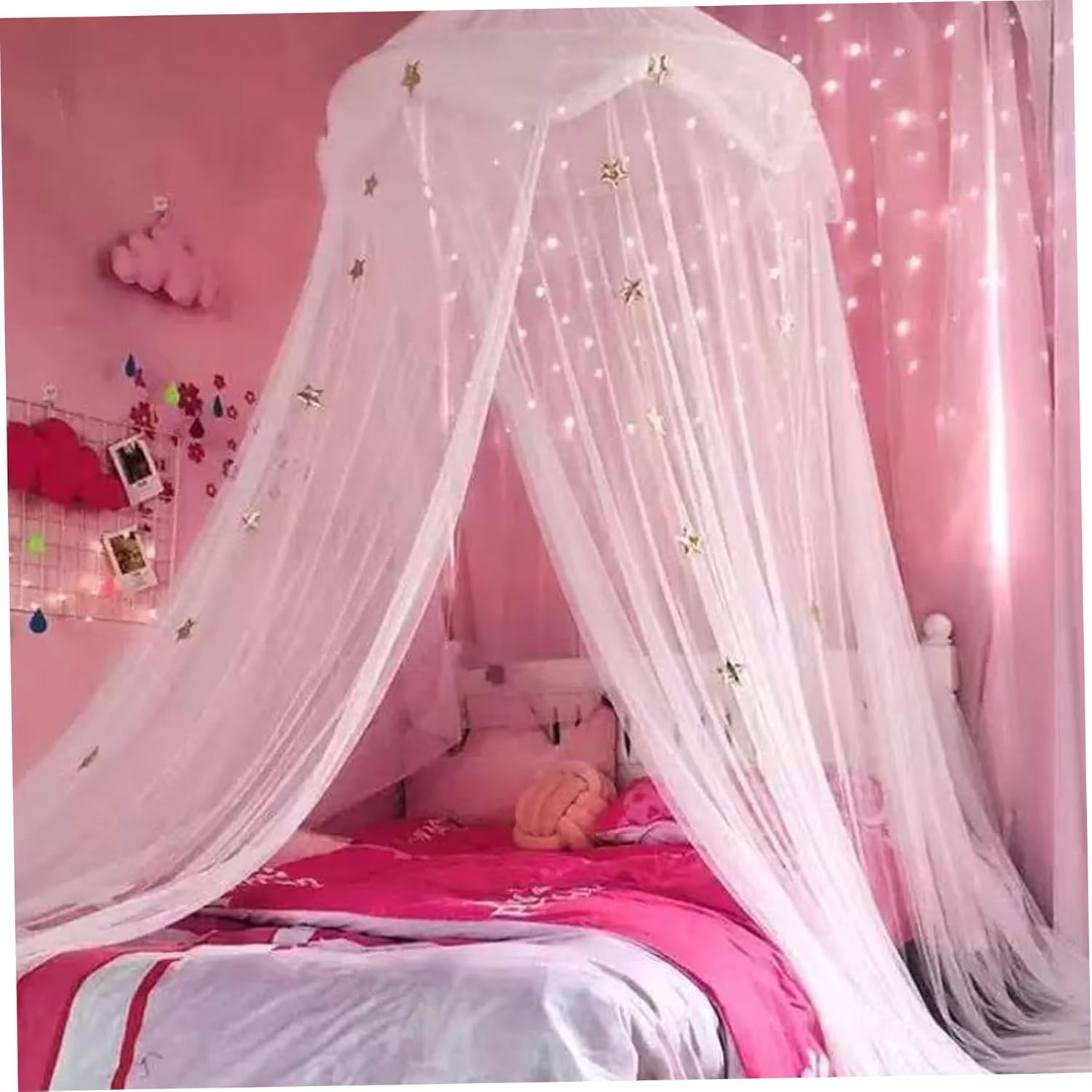Bed Canopy with Lights & Gold Star Bed Canopy for Girls, Extra Large Dome, Foldable USB Girls for Kids Boys Twin Full Queen Size ..