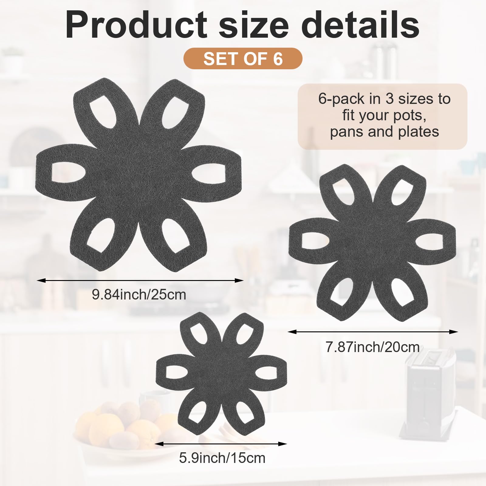Pan and Pot Protectors, Set of 6 and 3 Different Size, Felt Pan Protectors for Stacking Non Stick Pans Savers Dividers Pot Separators Pads for Stacking and Protecting Your Cookware (Gray)