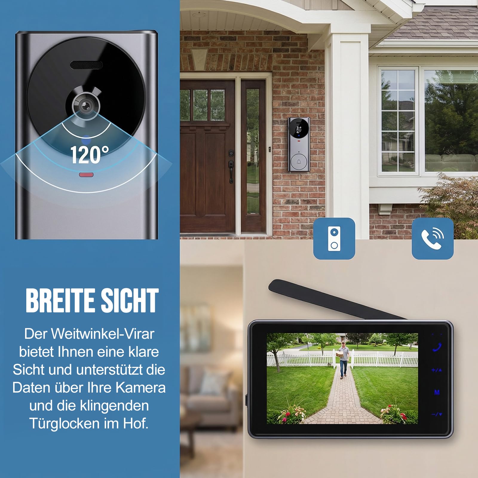 HOSPAOP Carillon de Porte sans Fil avec Caméra – Vidéophone 4,3" Écran, Sonnette Radio 2,4G, Vision Nocturne, Interphone sans WiFi, Sonnette avec Caméra pour Porte d’Entrée