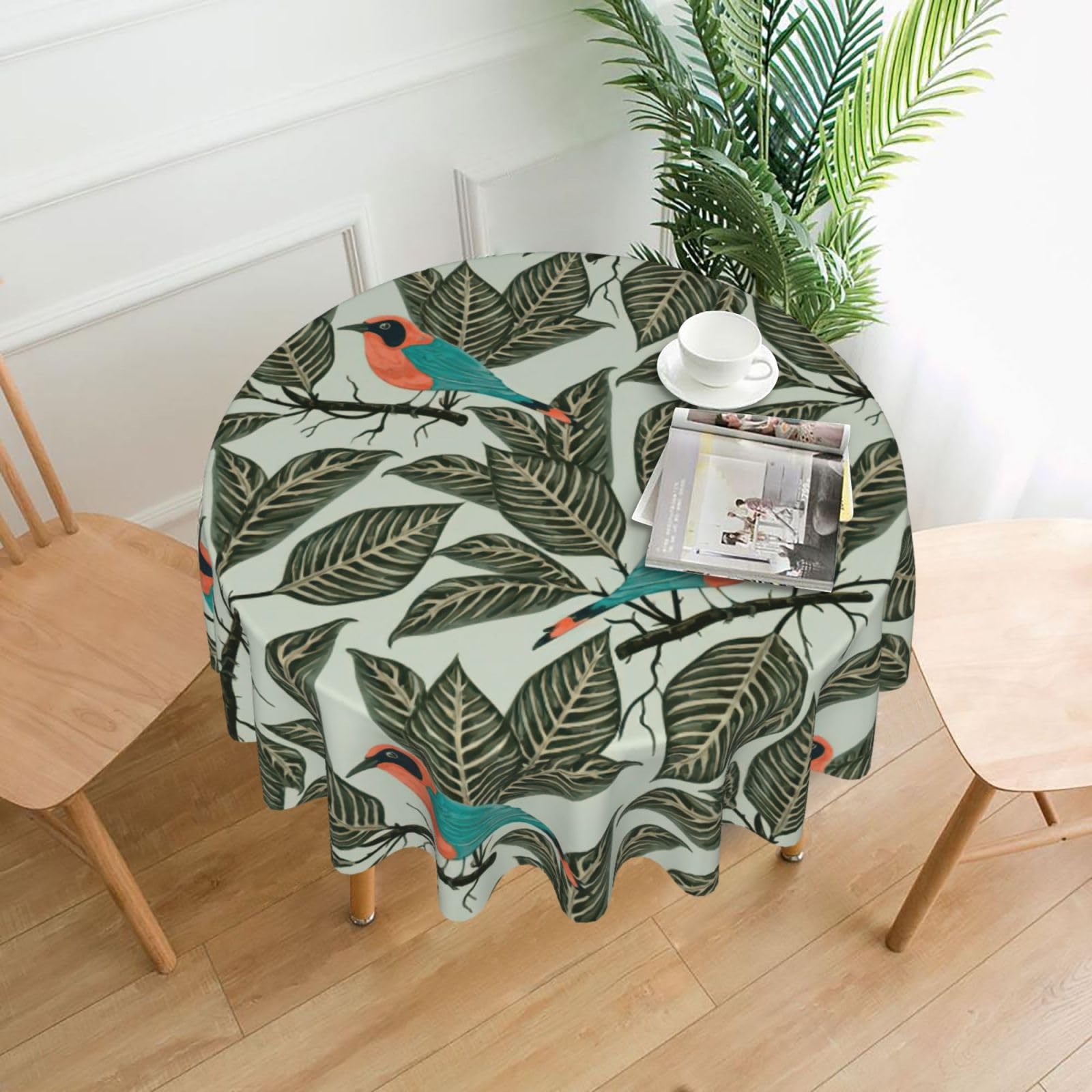 Uusnwaa Tropical Plants Print Round Tablecloth 60 Inch, Stain Wrinkle Resistant Washable Polyester Table Cover For Kitchen Party