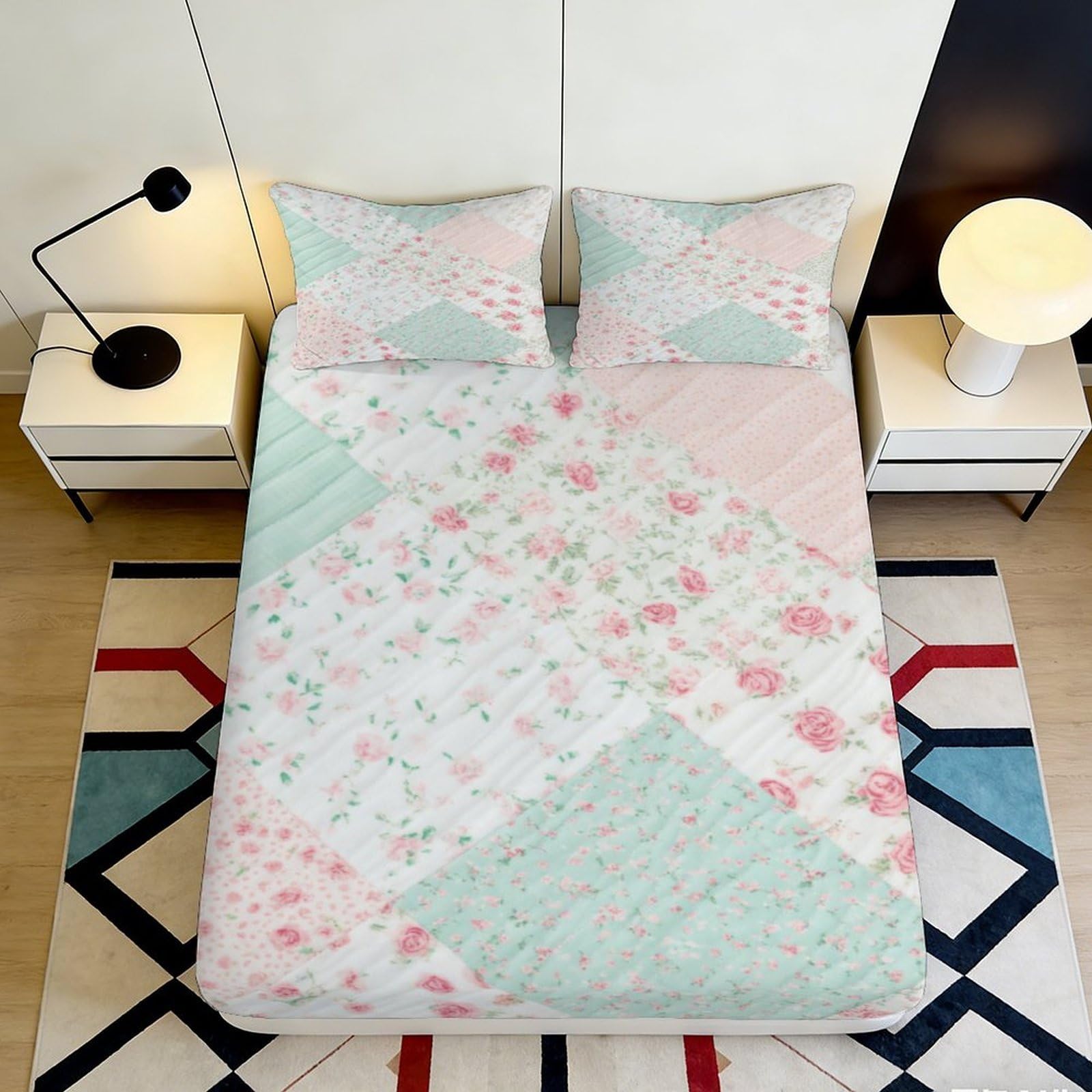 3D Printed Pastel Patchwork Fitted Sheet Microfiber Soft Floral Geometric Bed Sheet for Bedroom Dorm Decor Mattress Protection 90x200x25cm
