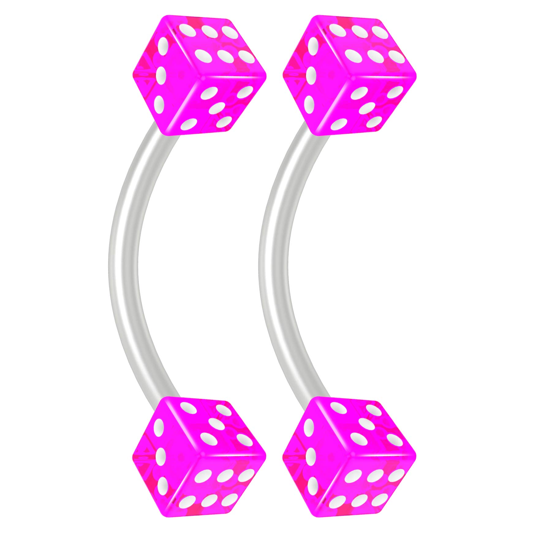 2pc 16g Flexible Bioflex Curved Barbell 3mm Dice End Bioplast J-Curve Bent Banana Bar