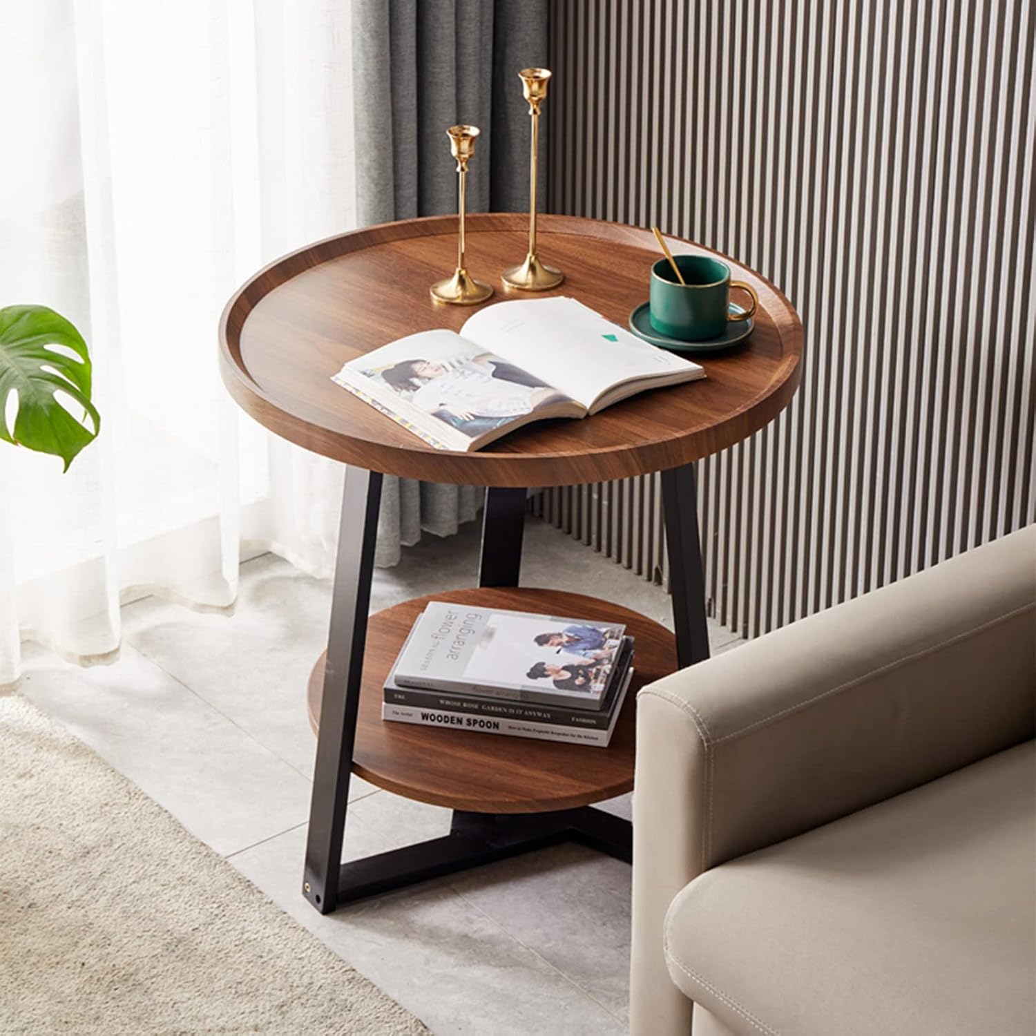 Side Table/End Table, Wall Table with 2-Tier Storage Shelf Couch Tray Living Room Small Coffee Table Accent Side Coffee Tables,Brown