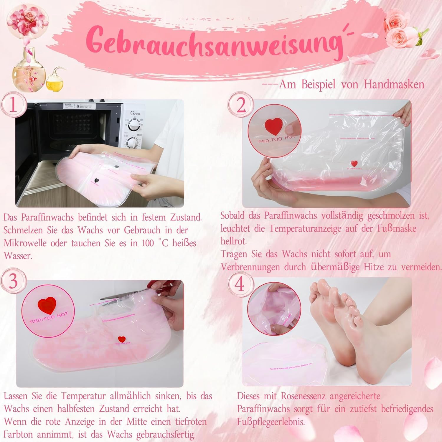 Guantes de Tratamiento de Cera de Parafina para Manos y Pies, 4 Pares Guantes de Cera Rosados, Máscara de Cera Curativa Suavizante para Piel Seca y Agrietada | Cuidado Intensivo de Manicura y Pedicura