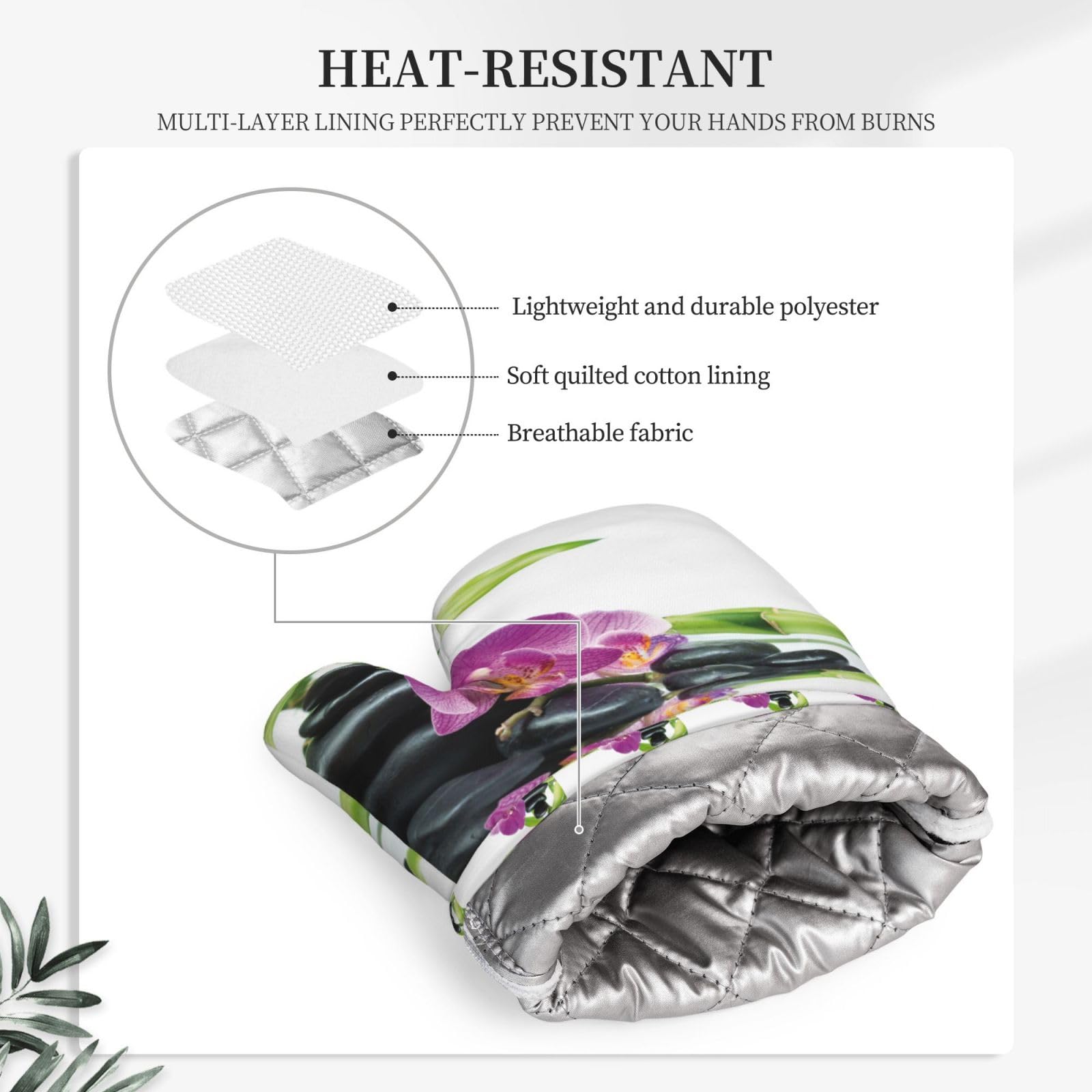 Set di quattro guanti resistenti al calore e presine antiscivolo, guanti da forno, guanti da cucina, benessere asiatico con pietre da massaggio Zen, orchidea viola
