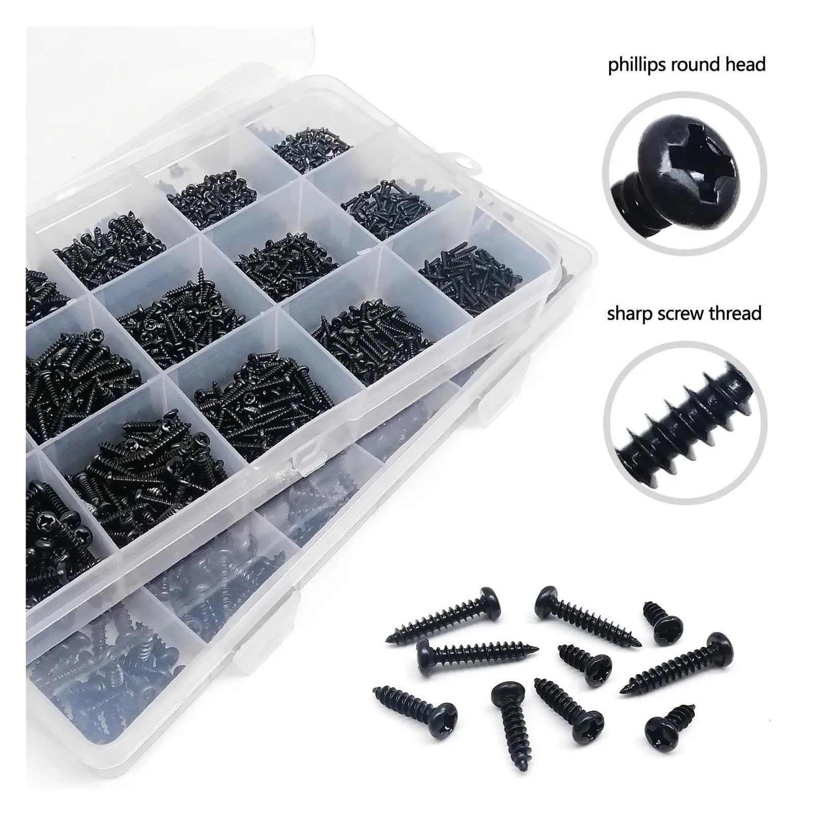 1 Kit Schwarz Stahl Pan Kreuz Rundkopf Selbstschneidende Holzschraube Mix M1 M1.2 M1.4 M1.7 M2 M2.6 M3 M4 Sortiment Set(Set D 2010pcs)