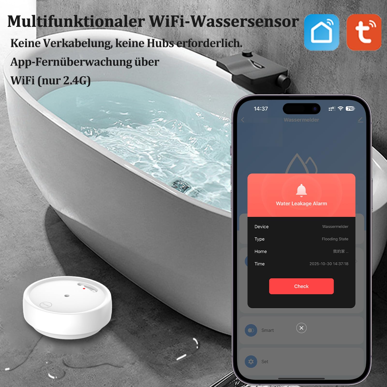3Pack Wassermelder WLAN mit Batterie, IP66 Wassersensor, 80dB Wasseralarm Kompatibel mit Tuya/Smart Life App, Wasserwächter für Küchen, Bäder, Keller