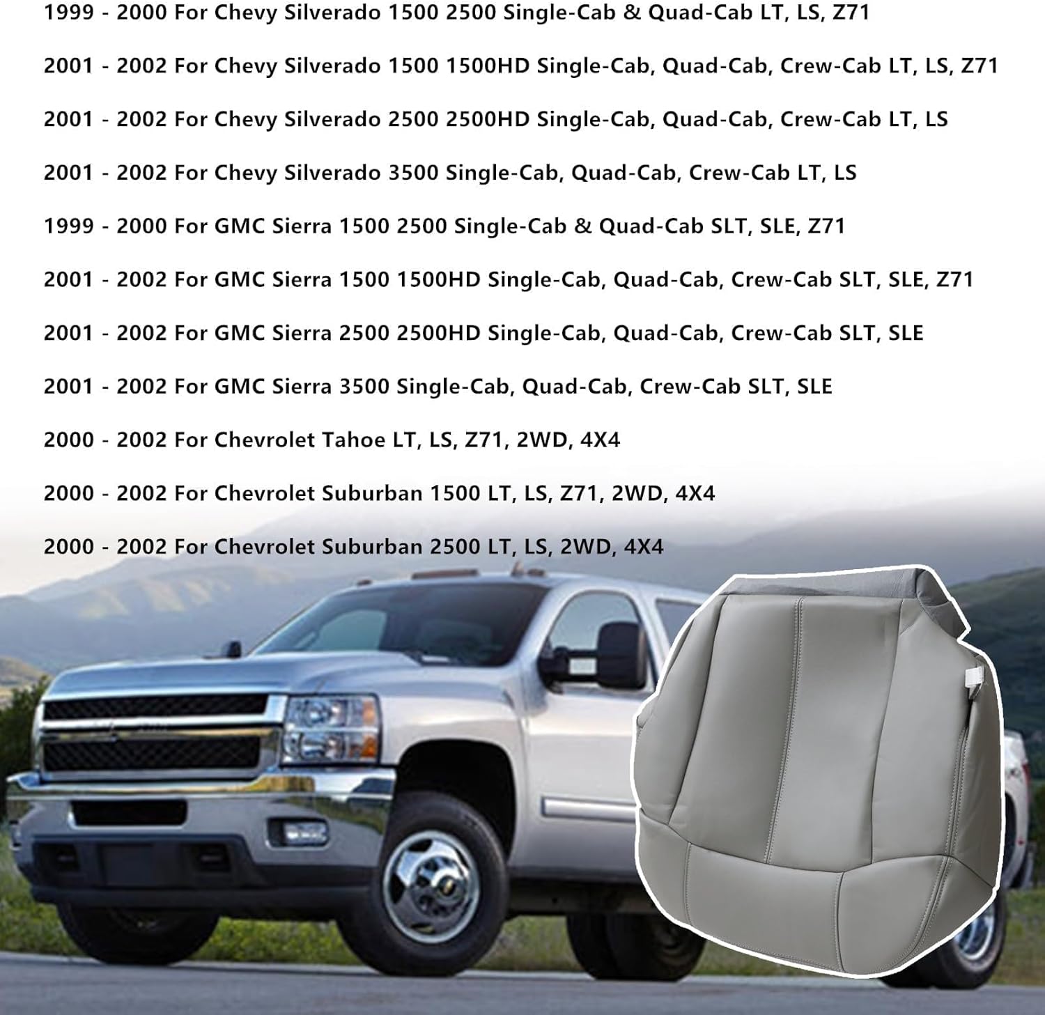 SecosAutoparts Driver and Passenger Bottom and Top Lean Back Replacement Leather Seat Cover Gray Compatible with Chevy Silverado Tahoe Sierra Suburban Avalanche 1999 2000 2001 2002