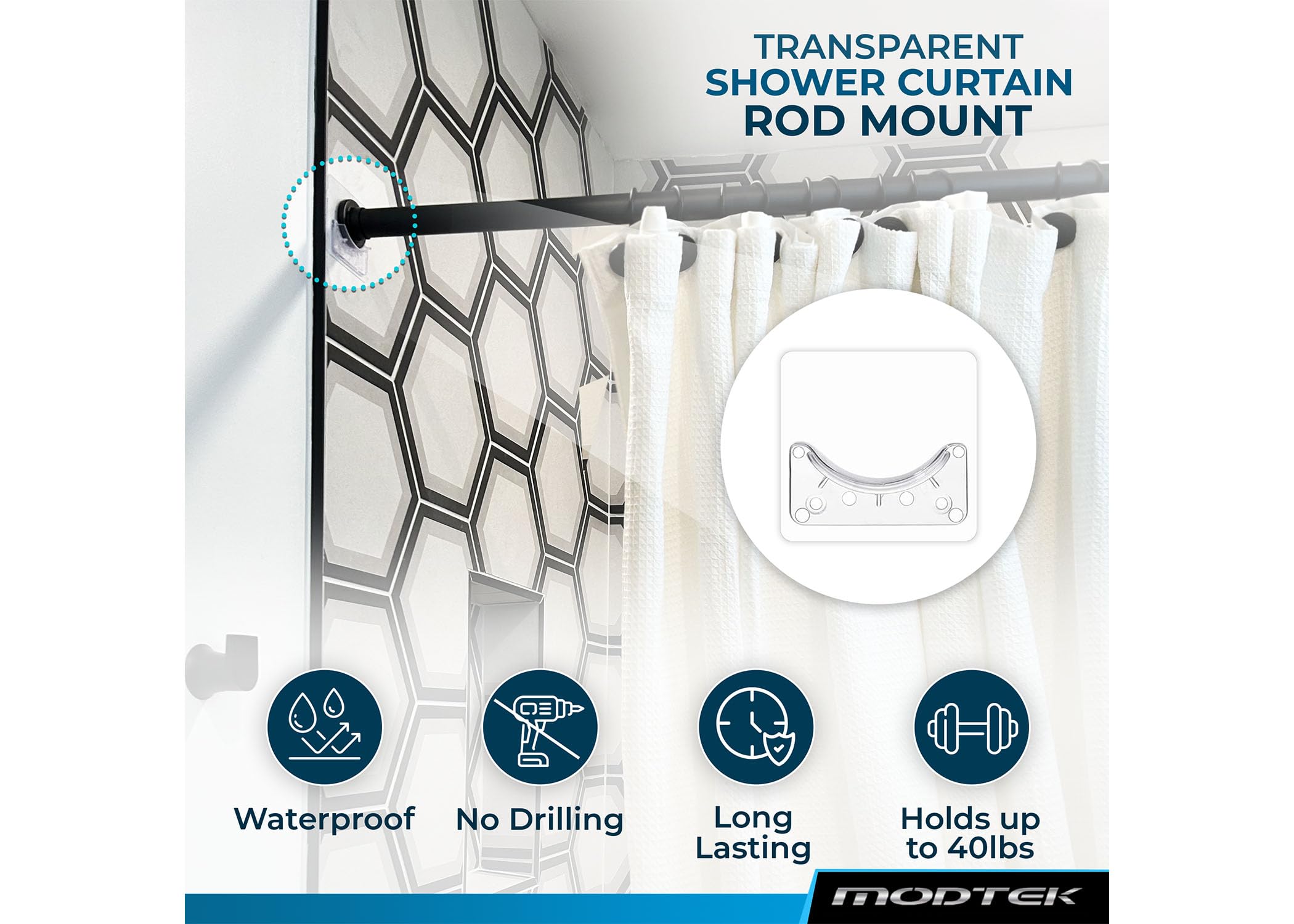 Modtek NEW! Very High Bond-Adhesive Backed Shower Curtain Rod Hanger | Invisible Wall Mount Holder| Drilling Not Required | 4 Pack (Shower Curtain Rod Not Included)