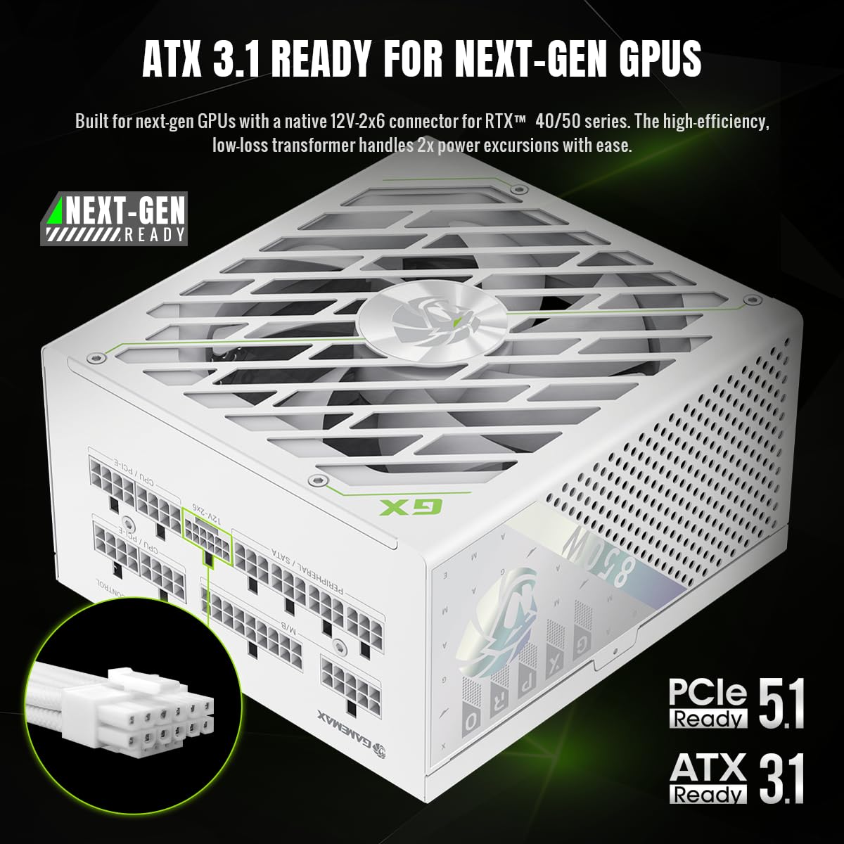 GAMEMAX GXPRO 850G WH Zasilacz PC 850W biały, W pełni modułowy, ATX 3.1 PCIe 5.1 z złączem 12V-2×6, 80 Plus Gold, Kondensatory japońskie 105°C, 7 mechanizmów ochrony, Gwarancja 10 lat