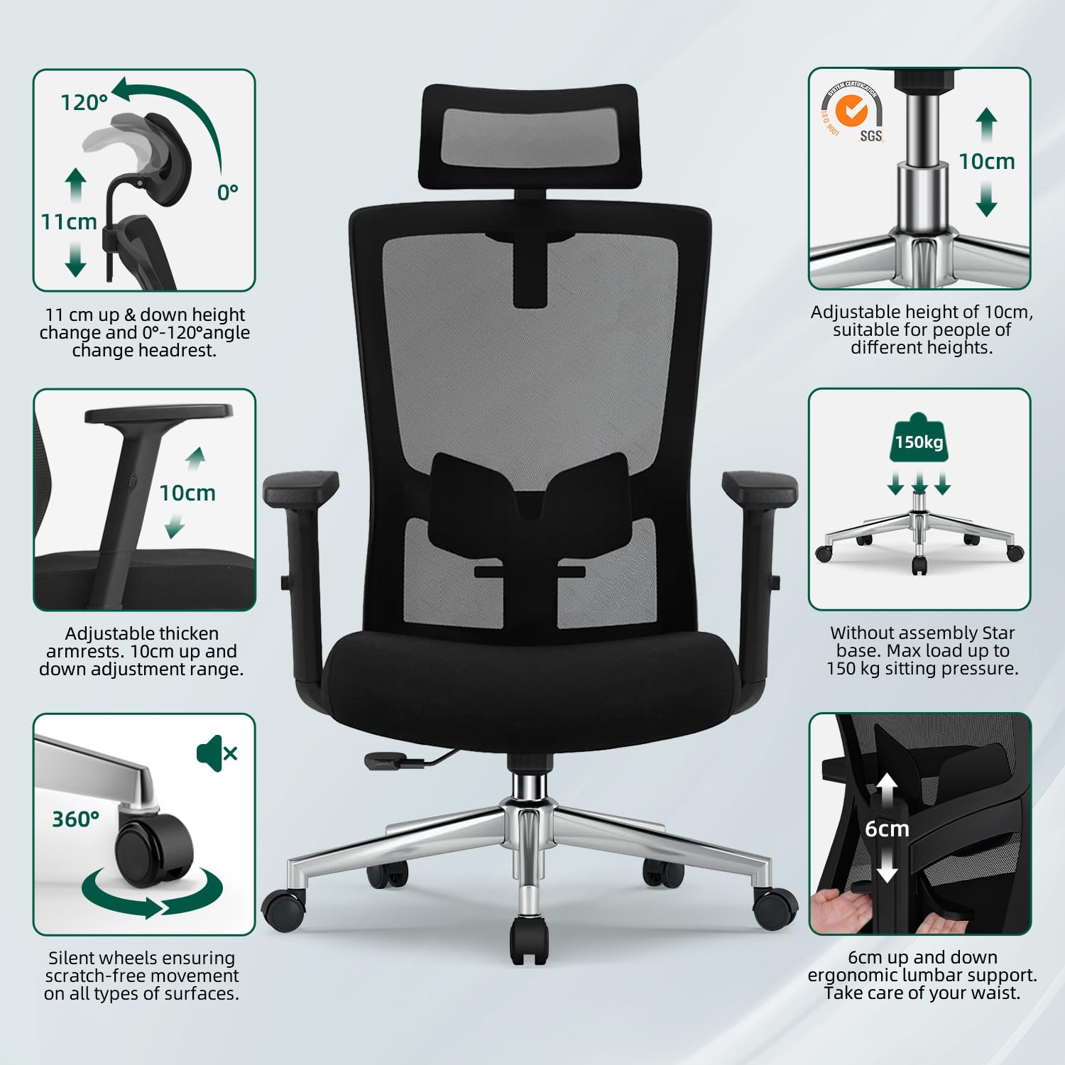 Bürostuhl Ergonomisch, Ergonomischer Bürostuhl mit Verstellbarer Lendenwirbelstütze, Armlehnen und Kopfstütze, Drehstuhl Schreibtischstuhl, Bürostuhl 150 kg Chefsessel Wippfunktion bis 135°