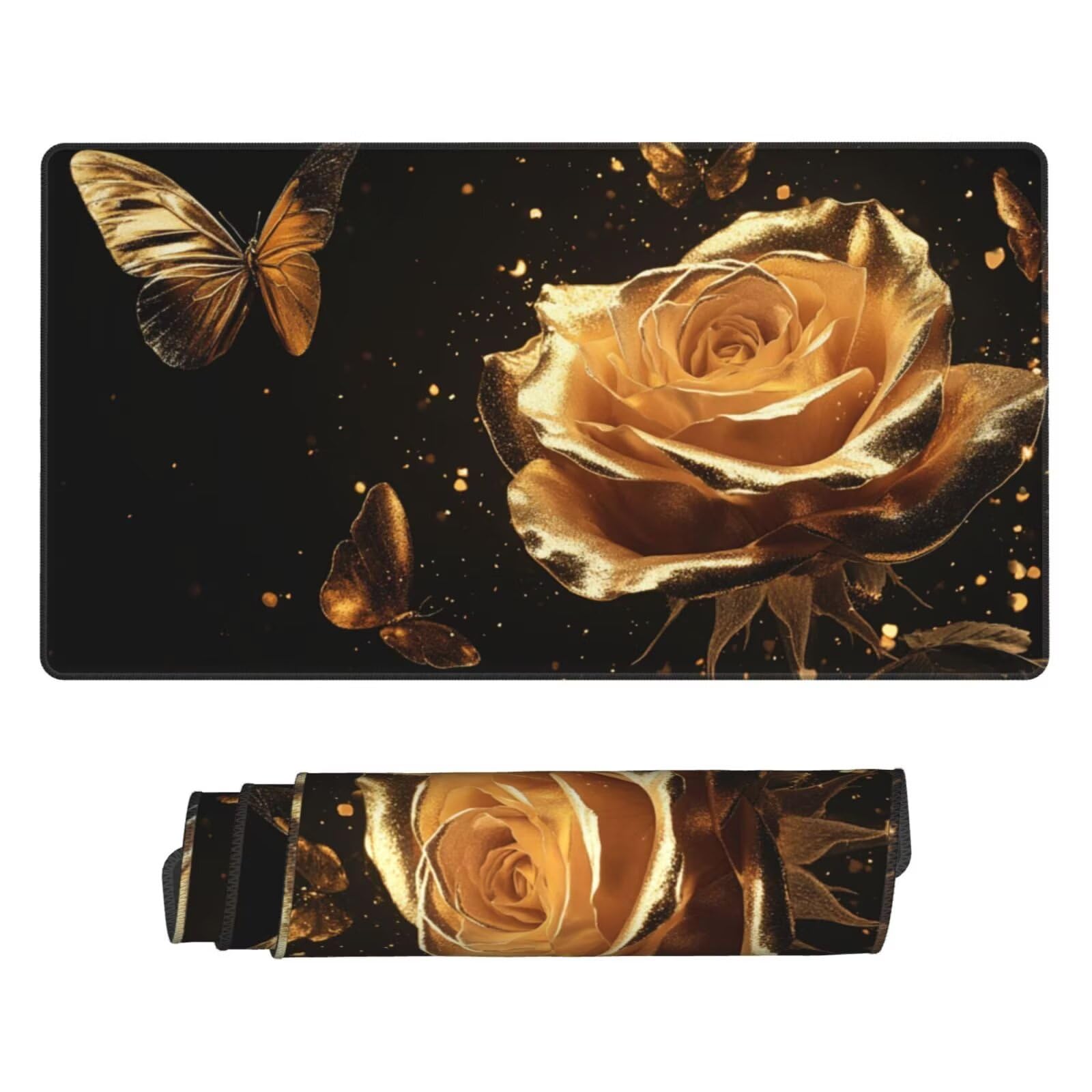 Gaming Mauspad XXL 1200x600x3mm Mousepad Verlängertes Groß Mauspad Schreibtischauflage, Genähte Kanten rutschfeste Gummibasis, Verbessert Präzision Geschwindigkeit Goldene Schmetterlingsrose L-2948