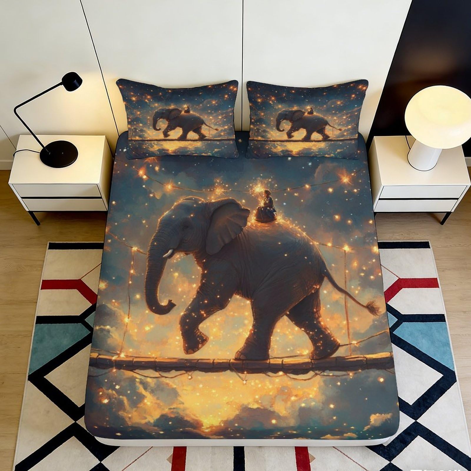 3D Printed Elephant Bridge Fitted Sheet Microfiber Soft Breathable Starry Sky Bed Cover for Bedroom Dormitory Guest Room Mattress Protection Decor 180x200x25cm