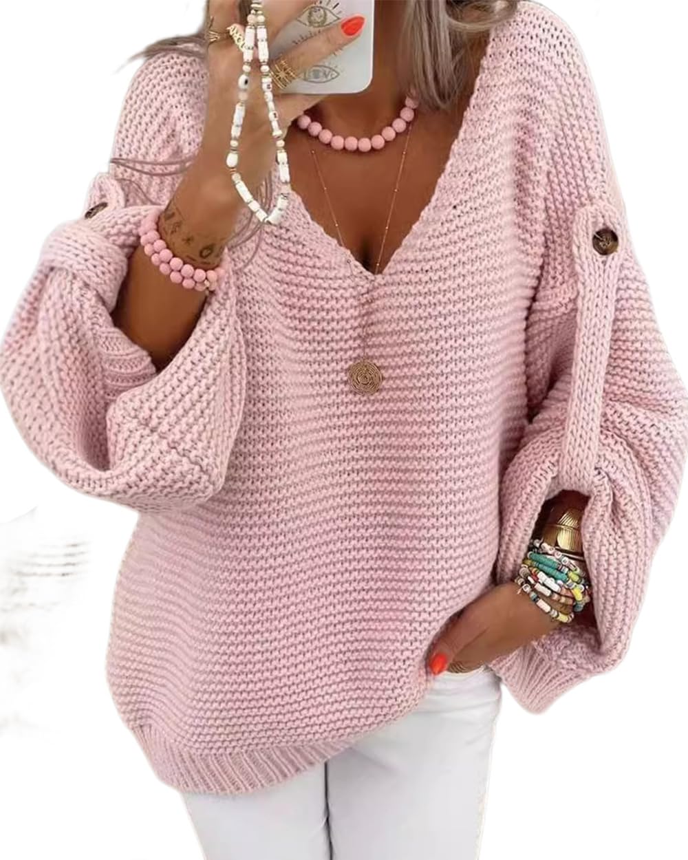 OSCORP Womens V Neck Oversized Knit Sweaters with Button Detail - Chunky Long Sleeve Pullover Top Fall Winter