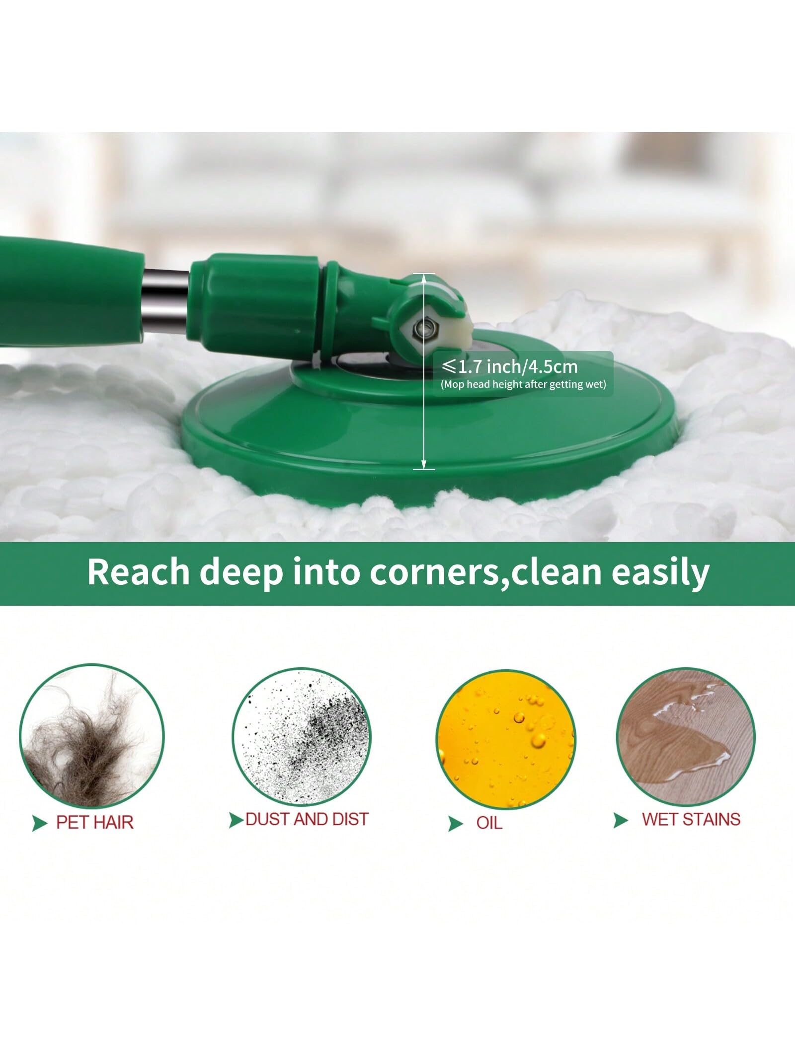 Mopa giratoria y cubo con juego de escurridor, sistema de cubo giratorio de 360° con 3 cabezales de repuesto de fregona de microfibra, mango ajustable para limpieza de suelos (verde)