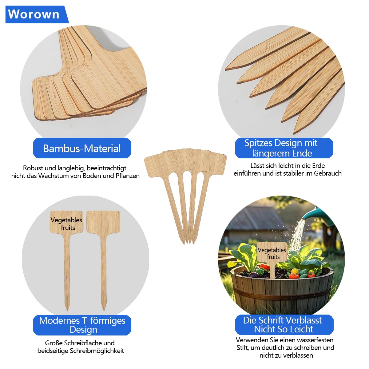 Worown 30 Stück Umweltfreundliche Pflanzenschilder aus Bambus, Extra lange T-förmiges, Langlebiges Pflanzschilder Holz mit Schwarzer Wasserfest Markerstift (H:18cm x W:6cm)