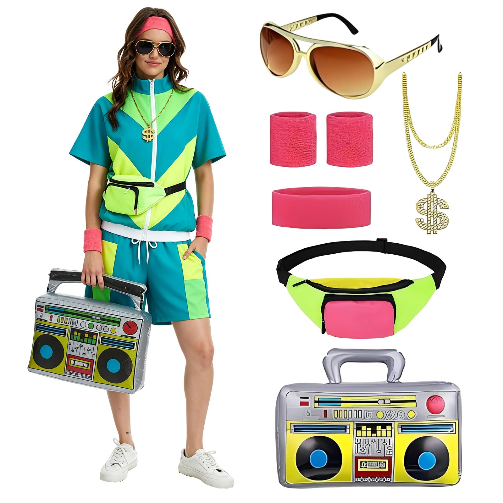 HZVRTN 80s themed party outfits, 90s Fashion Shell Suit Costume for hip-hop themed parties, Halloween, Music Festivals, Masquerade, Carnival (Green, 3XL)