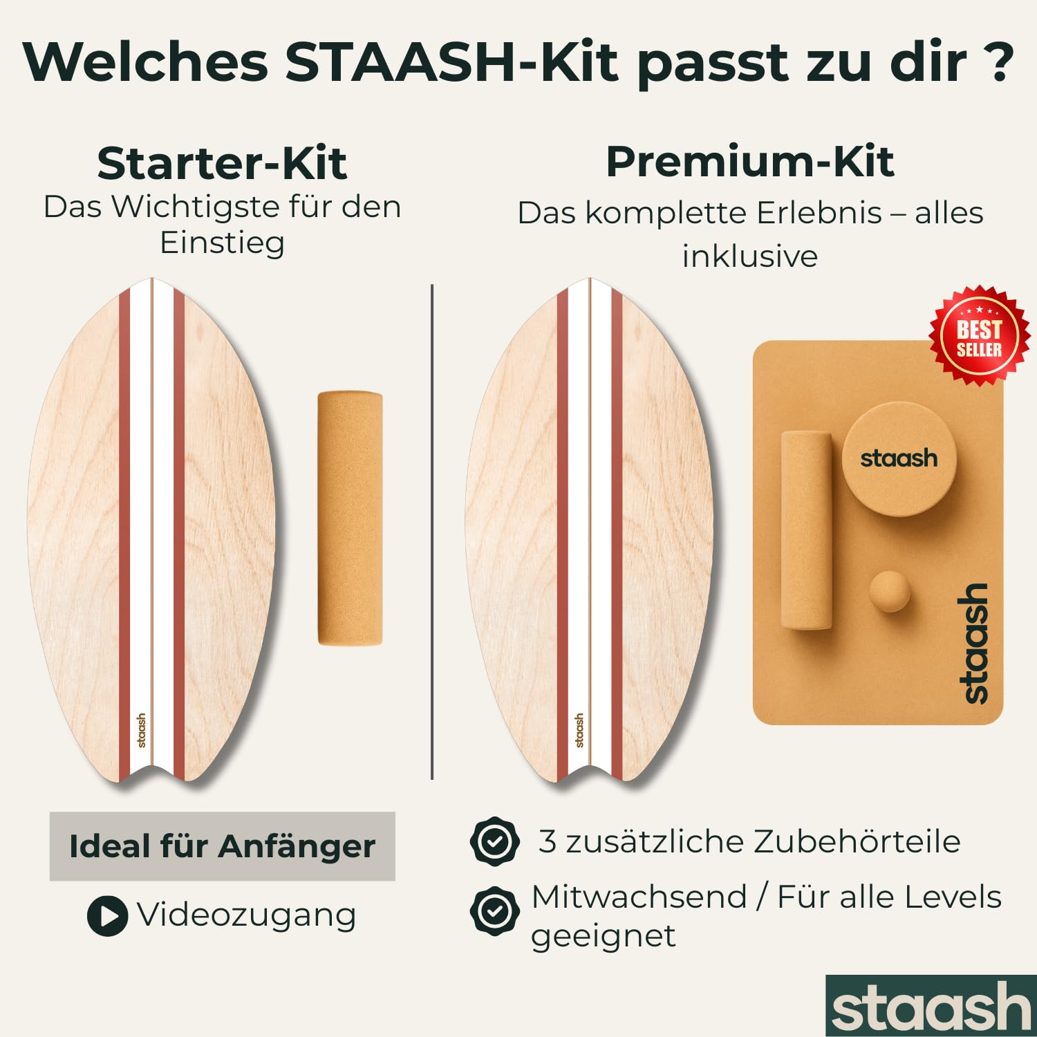 STAASH® Balance Board Holz – Pro Gleichgewichtstrainer inkl. Schutzmatte, Rolle, Halbkugel & Korkball + Videokurs – Indoor-Surfen & Stabilitätstraining