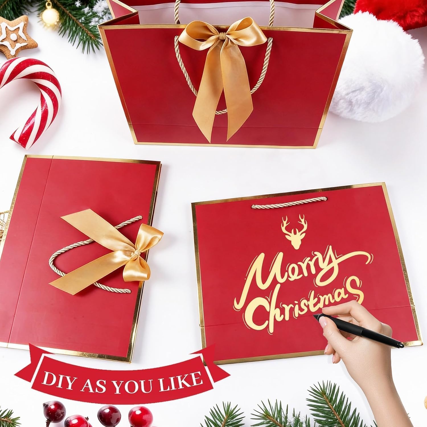 Xihaian 12 Pack Red Gold Gift Bags with Handles & Tissue Paper, Bow Ribbon image 5