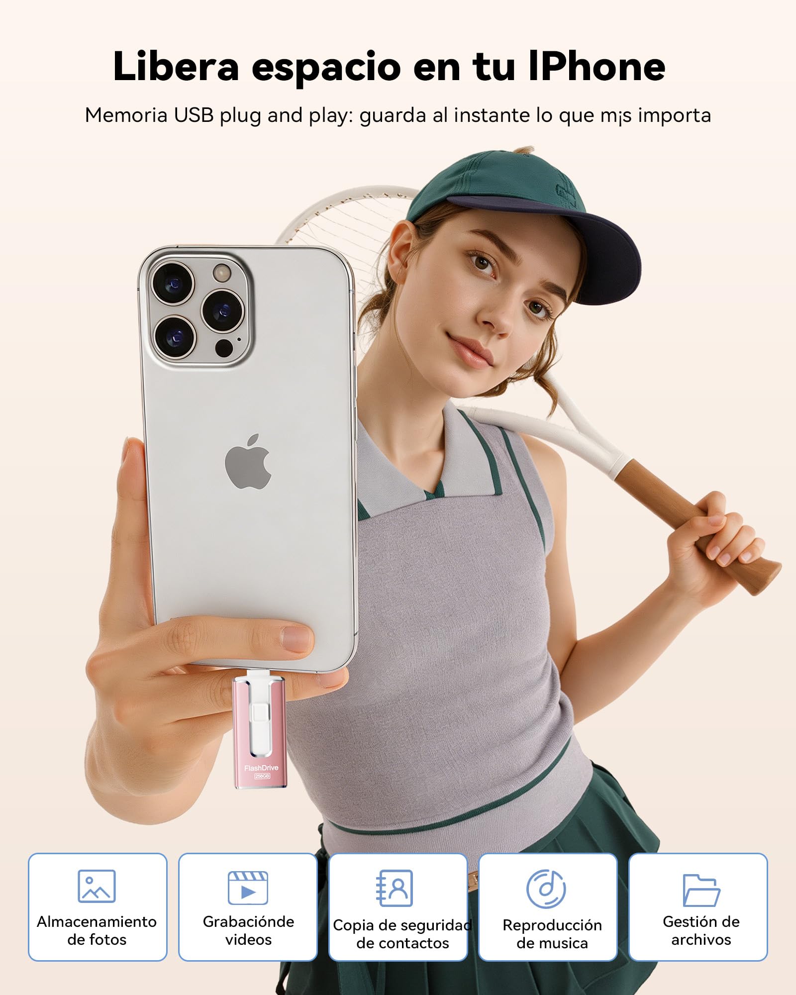 Pendrive para lPhone 32GB con Certificación MFi, Memoria USB 3.0 3 en 1,Rosa Claro - 4