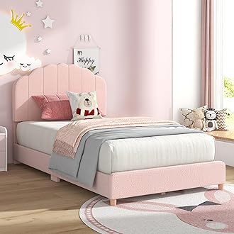 HONEY JOY Twin Bed Frames for Kids, Toddler Wooden Twin Bed Platform with Headboard & Slat Base, No Box Spring Needed, Children Bedroom Furniture for Boys Girls, Fits Standard Twin Mattress, Seashell
