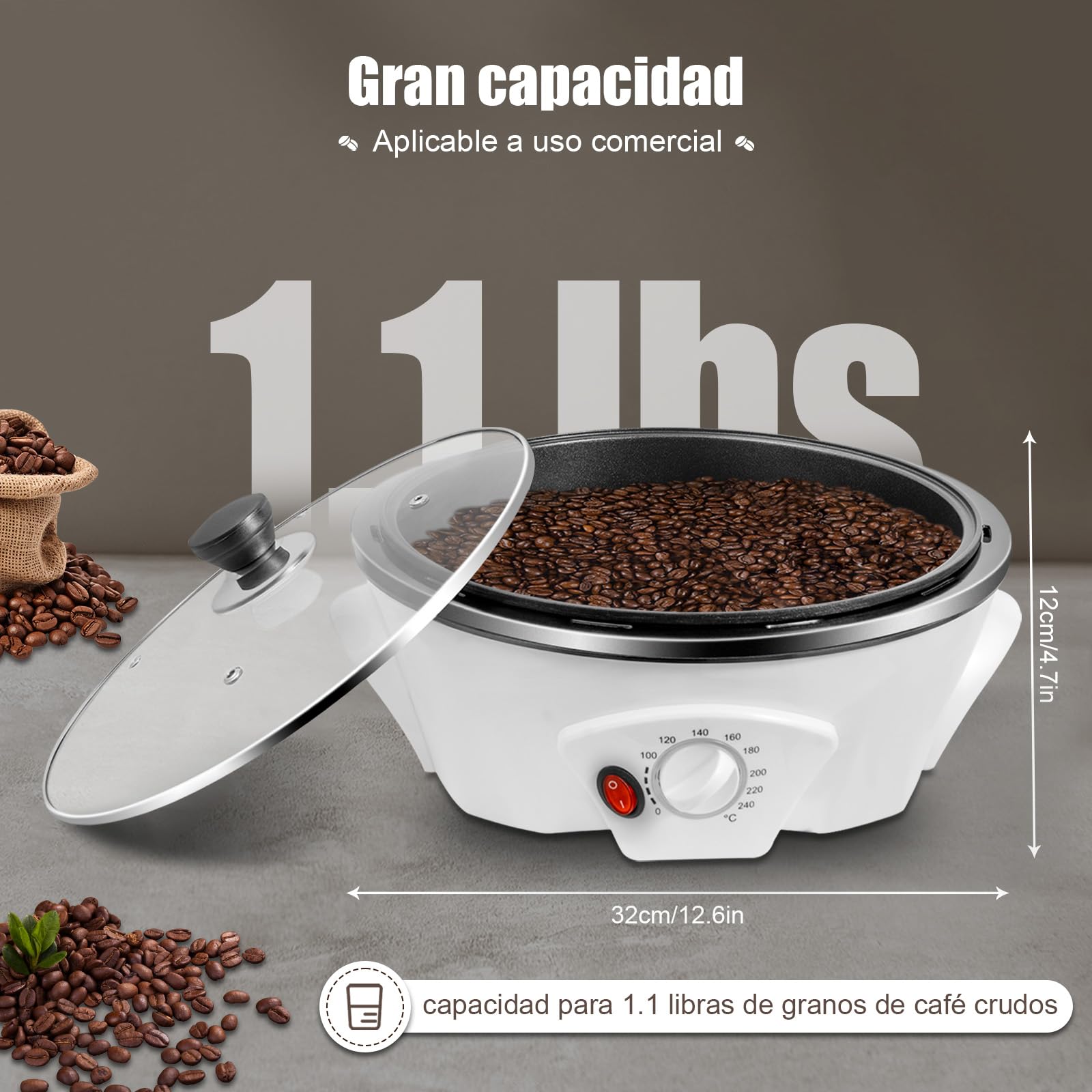 Tostador De Café 1200w Con Temperado Regulable Para Asar Granos De Café Cacahuetes Semillas De Melón Adecuado Para Principiantes Y Aficionados Del Café (Blanco)