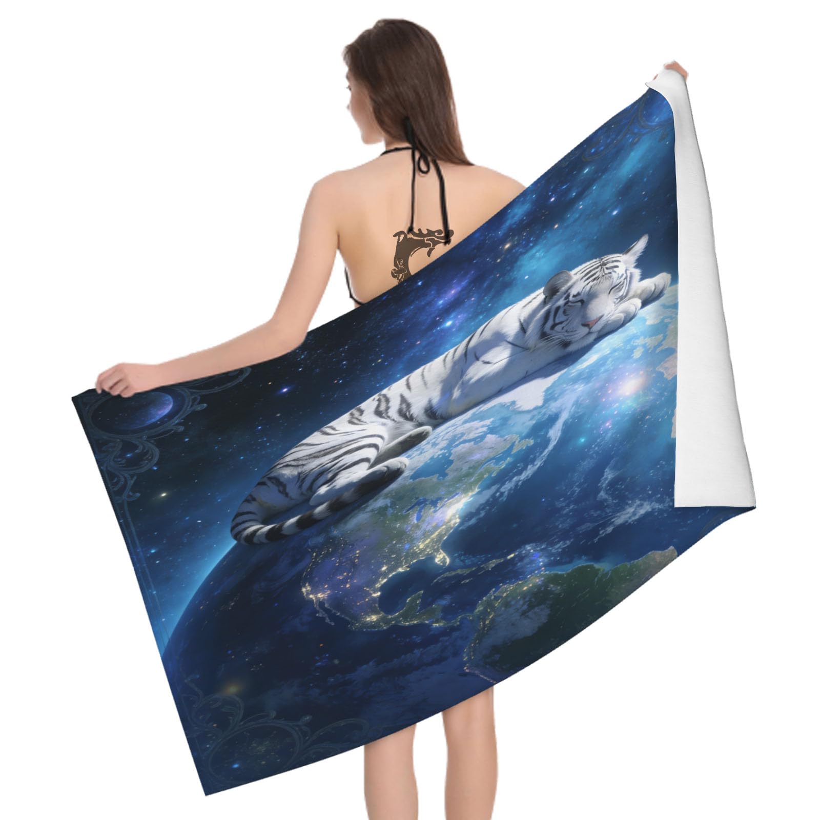 Leichong 3D White Tiger Beach Towel Large Microfiber Soft Quick Dry for Adults, Dreamy Bath Towel Lightweight Soft Absorbent for Travel Swimming Pool Sports, 80 x 160 cm