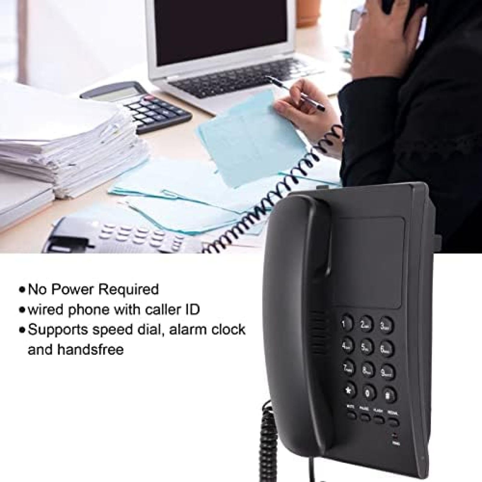 Telefono fisso domestico, telefono cablato da parete per lavoro, con campanello di indicazione LED, silenzioso, vivavoce, quadrante rapido, telefono da tavolo per ufficio hotel