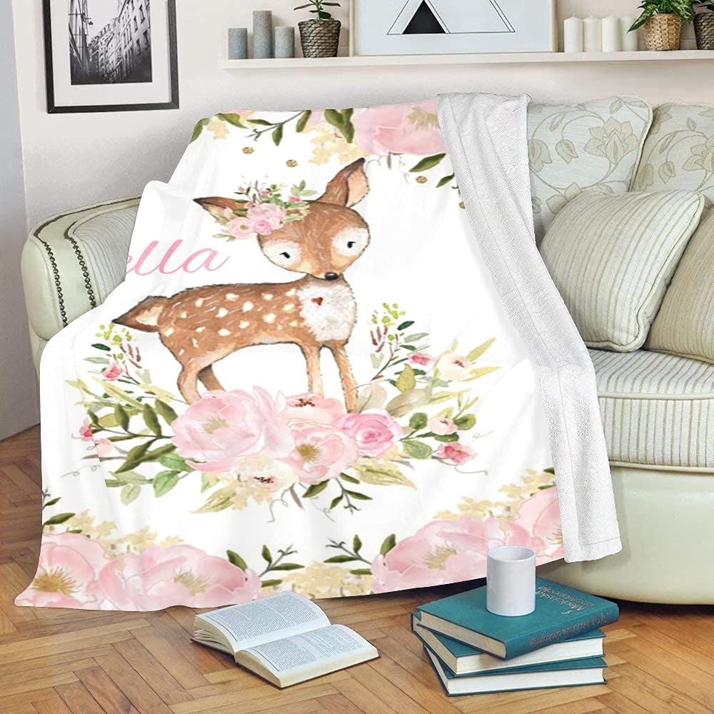 Pink Flower Deer Baby Blanket with Name Custom Personalized Super Soft Nursery Fleece Throw Blankets for Newborns Baby Shower Girls Kids Birthday Gift 30 X 40 inch