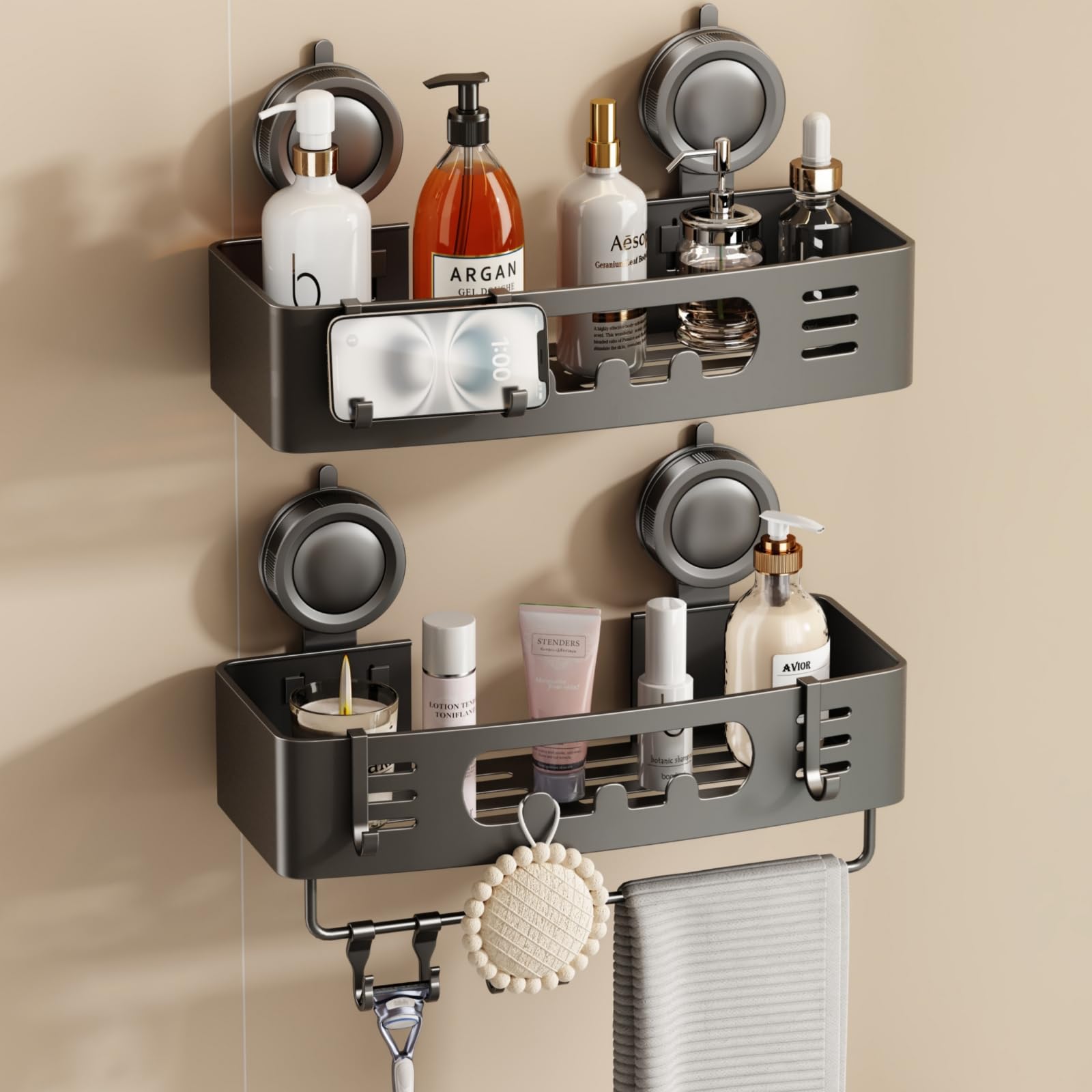 Voldra Shower Caddy Suction Cup, Adhesive Bathroom Shelves Shower Storage Wall Mounted Aluminum Bathroom Caddy Stick on Shower Organiser Rack With 4 Removable Hooks and Towel Bar(2 Pack, Grey)