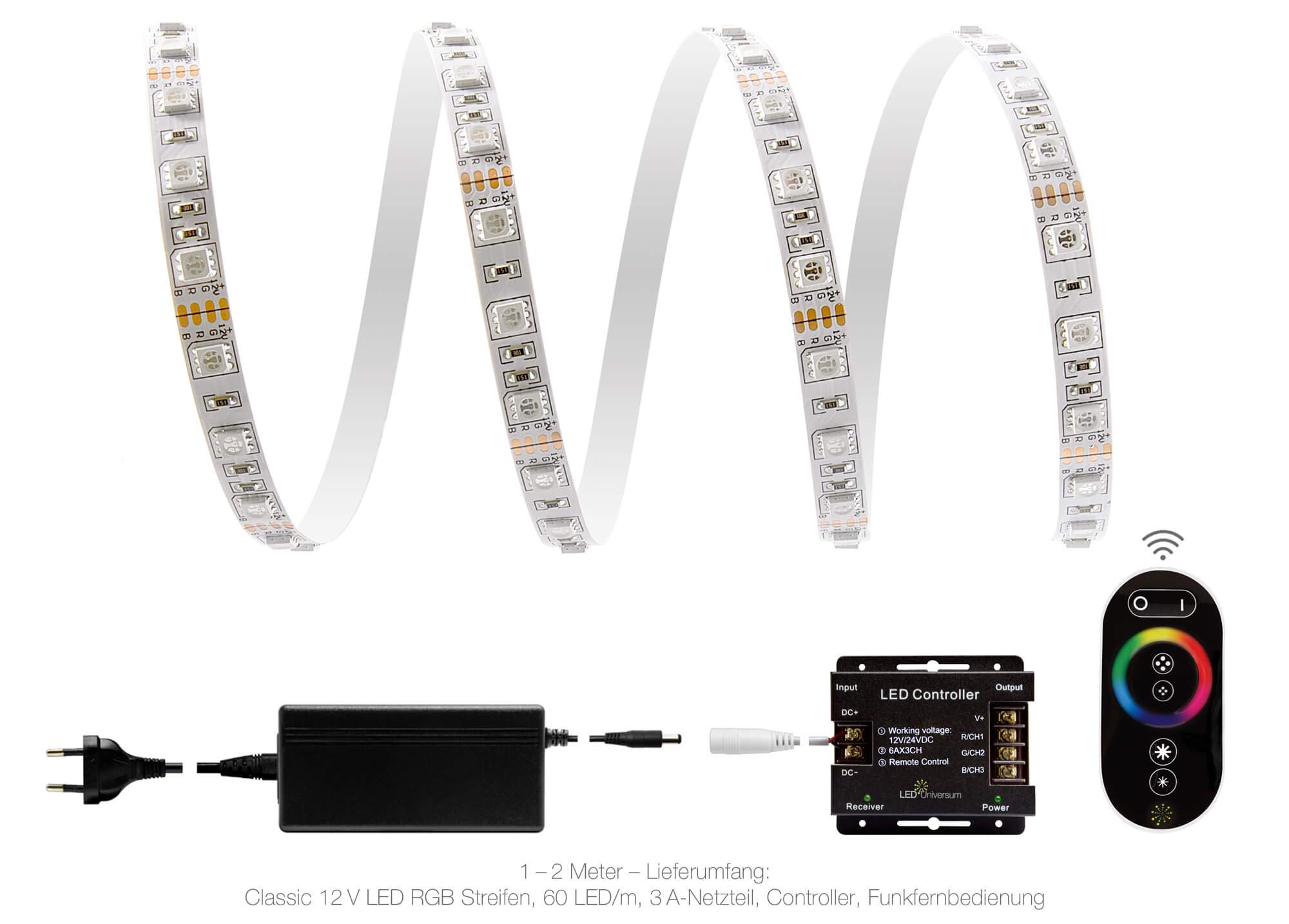 2 meter RGB LED Strip Set (60 LED/m, IP20) incluso controller di alta qualità, telecomando e 3 a Adattatore