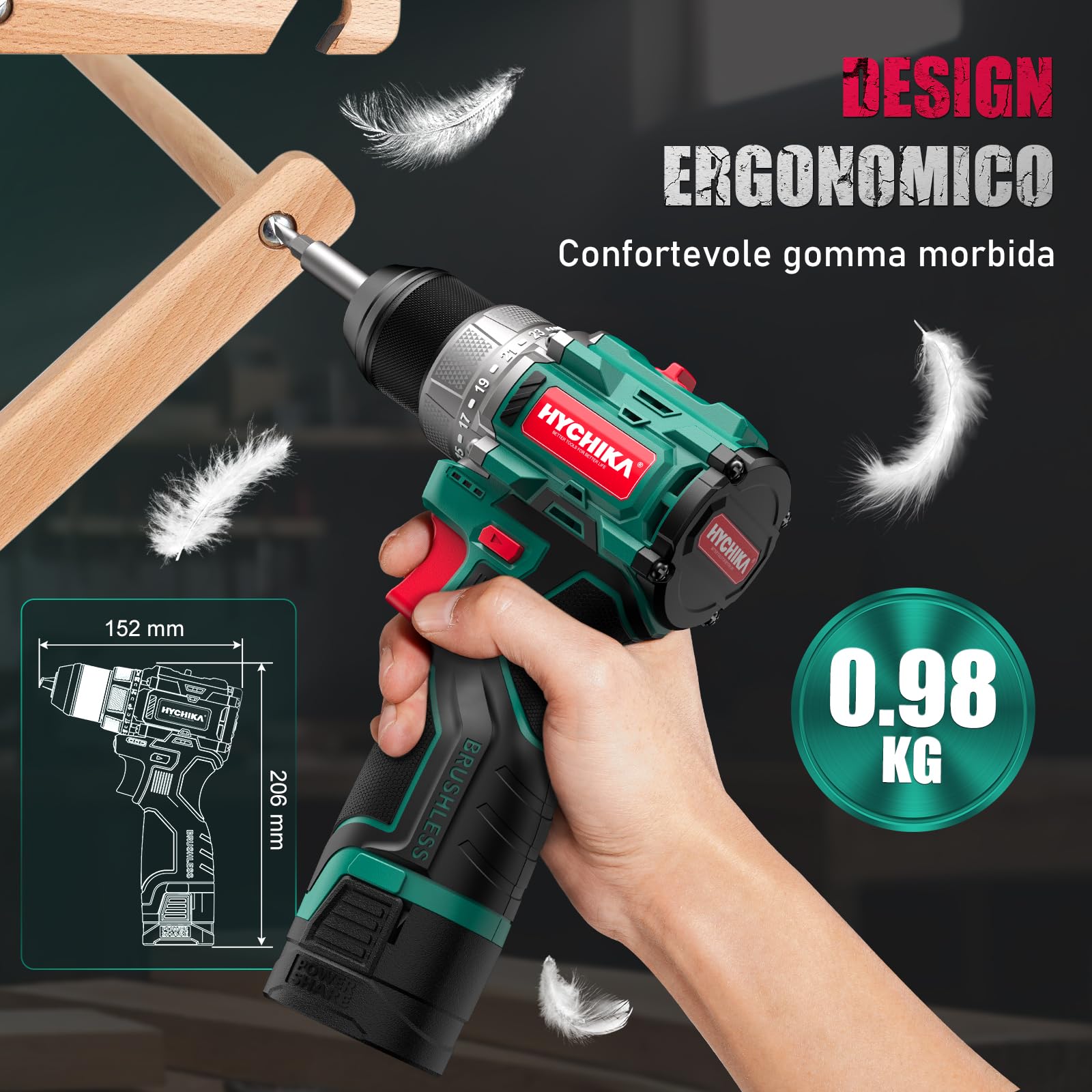 HYCHIKA Set di avvitatore e trapano a batteria 16,8V, motore senza spazzole, 45Nm max, 23+1 coppie di coppia, 53 pezzi, 2 velocità, luce LED, batteria da 1500mAh, cacciavite elettrico senza fili