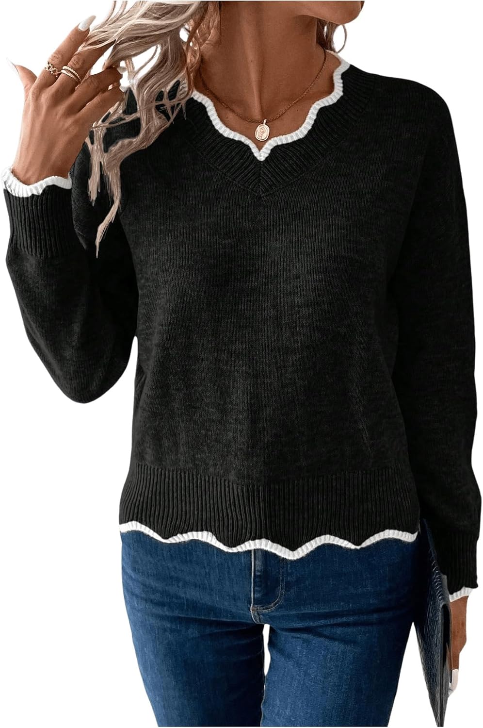 MakeMeChic Women's 2024 Fall Sweaters Long Sleeve Lettuce Trim Lightweight Ribbed Knit Casual Pullover Sweater Tops - Image 5