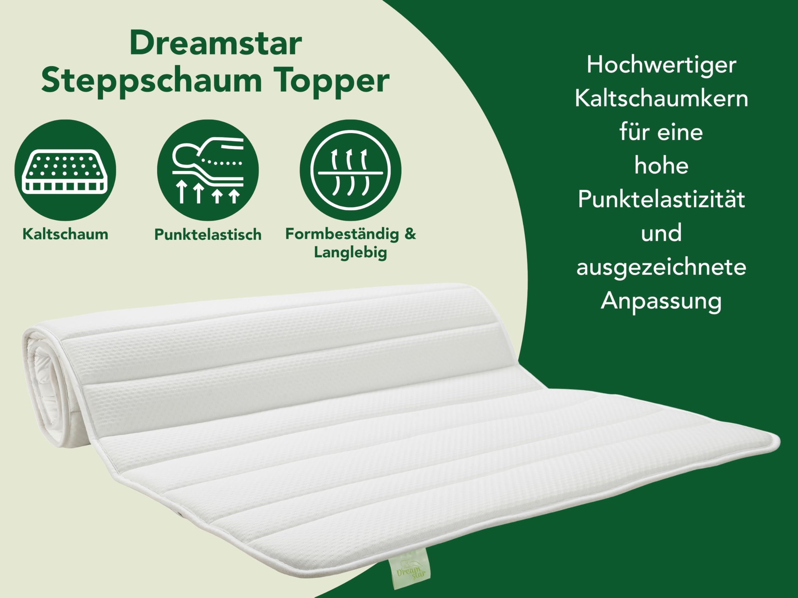 DREAMSTAR Topper 120x200cm mit Schaumkern | atmungsaktiver Matratzentopper mit 4 Eckgummis | Bequeme Matratzenauflage für Boxspringbetten, Schlafsofas, Wohnwagen, Camping | Öko-TEX®| 120 x 200cm
