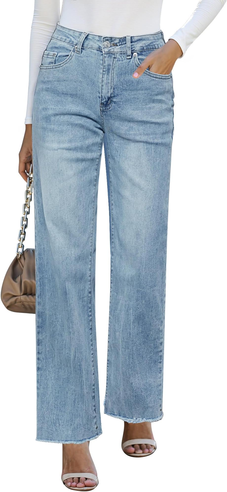 Straight Leg Jeans for Women High Waisted Stretchy Frayed Raw Hem Loose Denim Pants Casual Baggy Jean Trousers