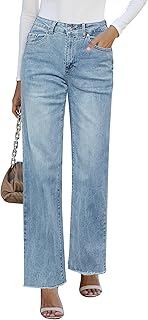 GRAPENT Straight Leg Jeans for Women High Waisted Stretchy Frayed Raw Hem Loose Denim Pants Casual Baggy Jean Trousers