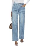 Straight Leg Jeans for Women High Waisted Stretchy Frayed Raw Hem Loose Denim Pants Casual Baggy Jean Trousers
