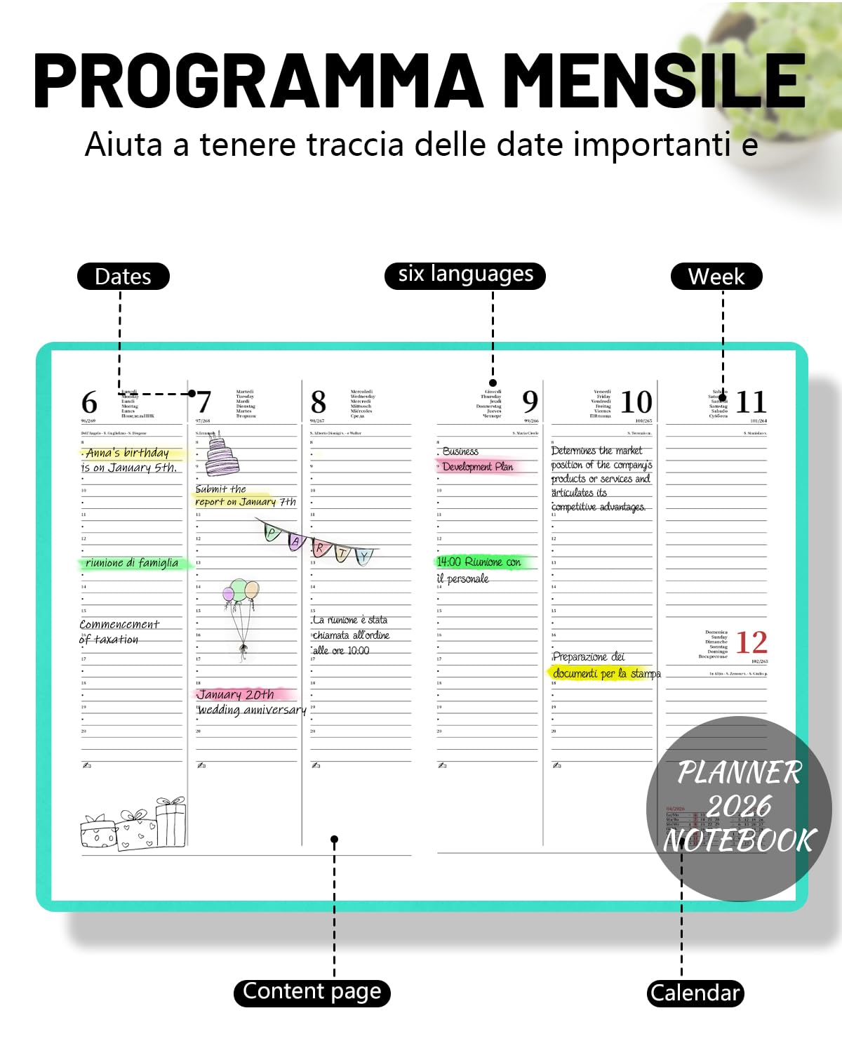 （Gen.-Dic.2026）HW CASA Settimanale Giornaliera 2026 Taccuino, Formato A5, Festività Internazionali (DE/IT/ES/EN/FR), Gennaio-Dicembre 2026