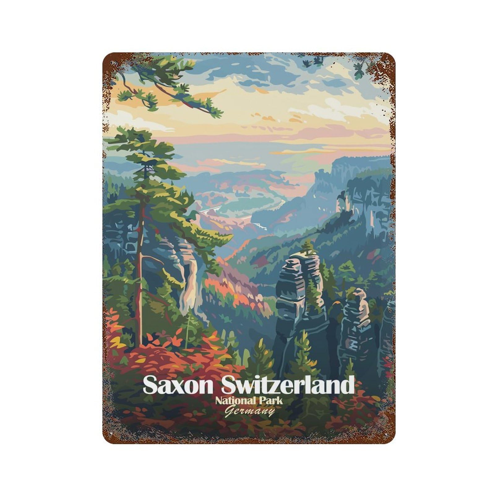Saxon Switzerland National Park Rust Effect Tin Sign 15.7"x11.8", Farmhouse Wall Decor for Farmhouse, Kitchen And Entryway Decor