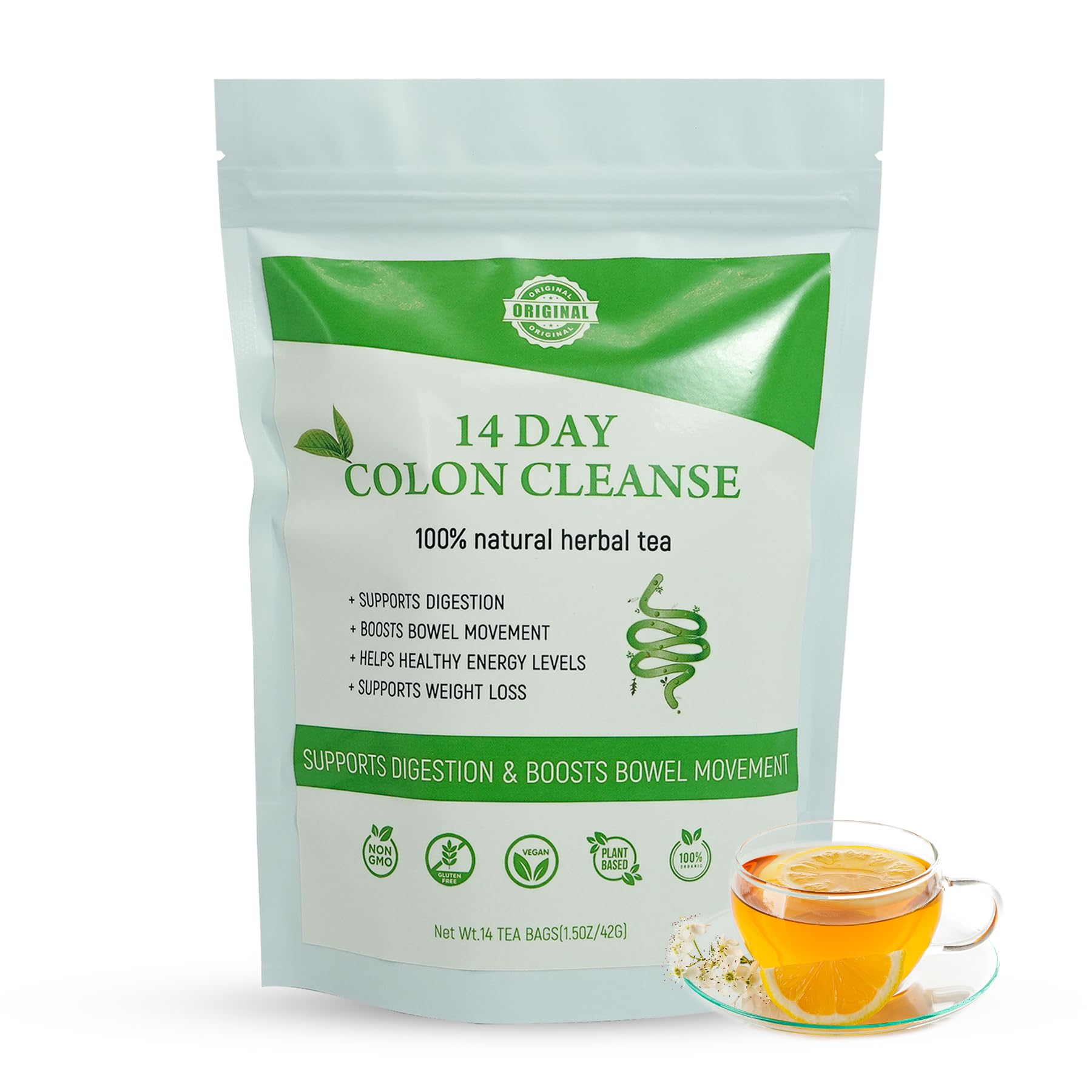 Laicuherb Organic 14 Day Colon Cleanse Tea for Body Cleanse & Detox, Natural Colon Detox Tea with Herbal Blend for Men & Women Digestive Health & Gental Gut Cleanse, Caffeine Free