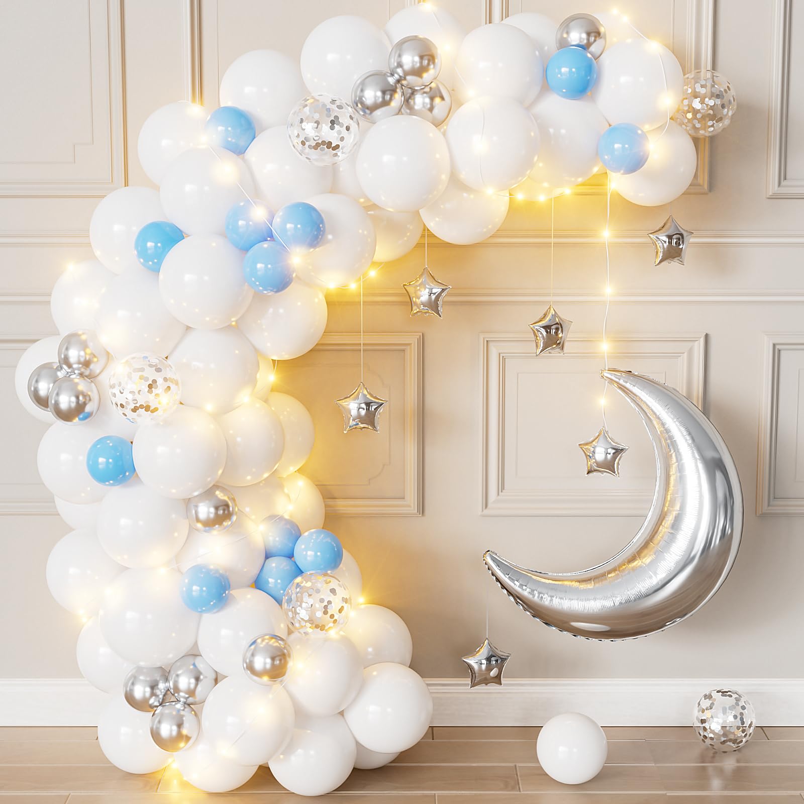 Adeyoo Blue White and Silver Balloons - Over The Moon Baby Shower Decorations with String Lights, Moon and Star Balloon for Boys Girls Twinkle Twinkle
