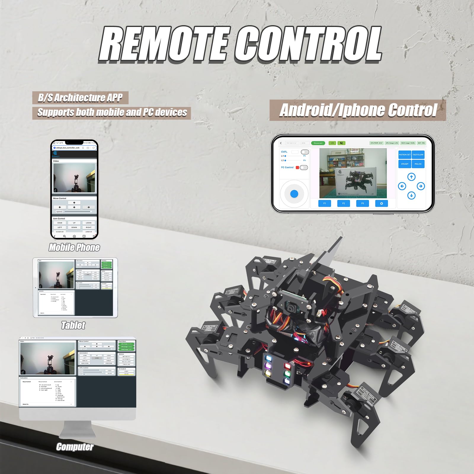 Adeept RaspClaws Hexapod Spider Robot Kit per Raspberry Pi 4/3 modello B+/B/2B, tracciamento target OpenCV, trasmissione video, robot strisciante STEAM